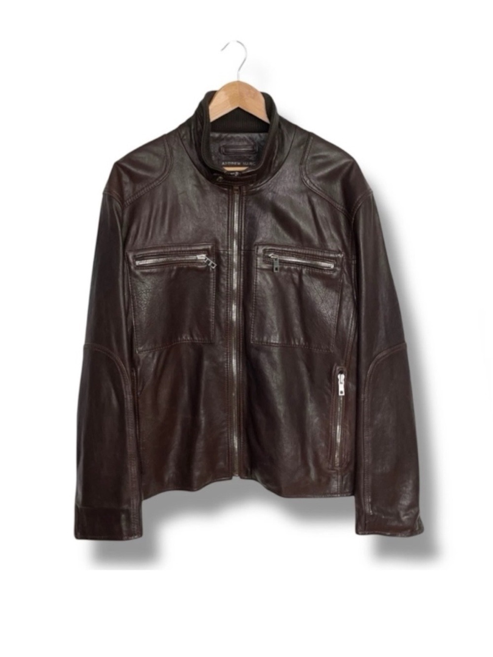 Andrew Marc AM8A1551 Leather Cafe Racer Moto Jacket Brown Mens Size Large